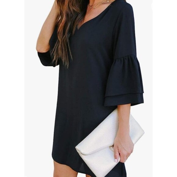 Womens Black Bell Sleeve Shift Small Mini Dress V-Neckline Party Cocktail Sexy - Picture 3 of 10